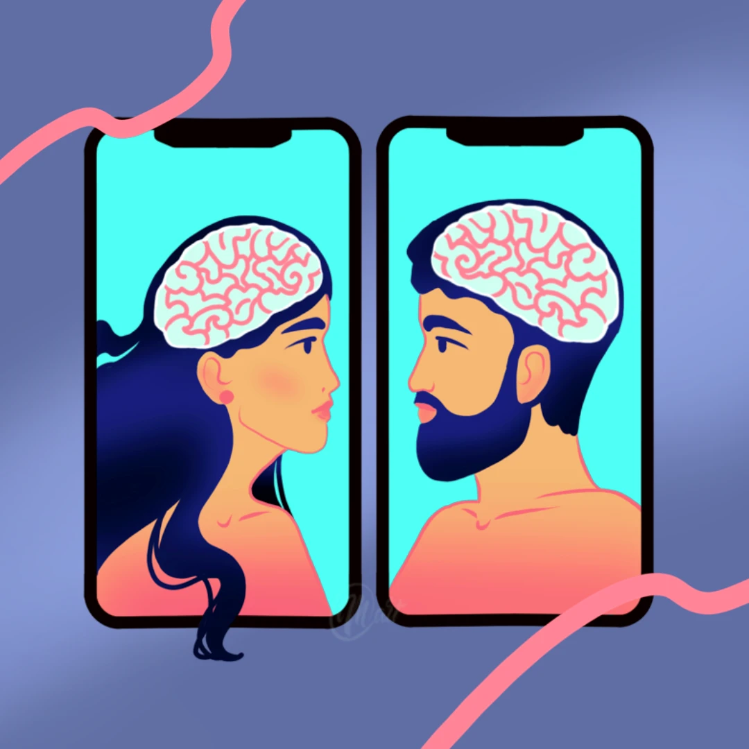 Мужчина и женщина смотрят друг на друга с экранов двух смартфонов